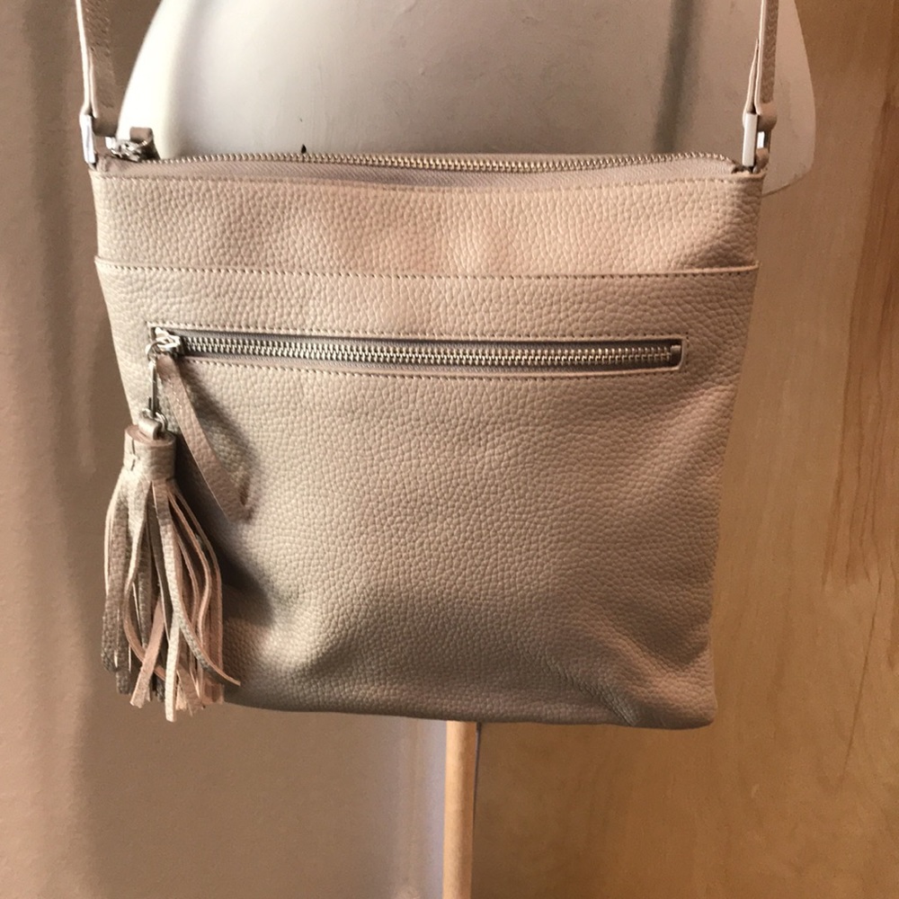 Halogen light greige/taupe vegan leather crossbody tassel bag 10x10